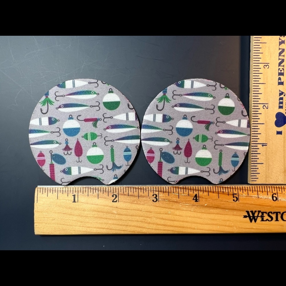 Fishing Bobbers Lures Set Of 2 Car Cup Coasters New - Picture 2 of 3
